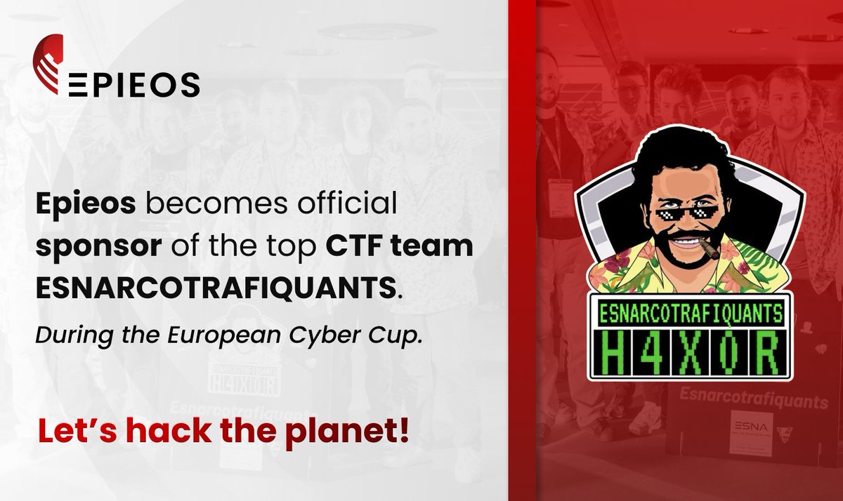 🏆 May the best win, so may #ESNARCOTRAFIQUANTS win! We are delighted to announce that @epieos is the official #sponsor of the famous 🇫🇷 CTF team, from @EsnaBretagne, for the upcoming #EuropeanCyberCup, March 27-28. 🚩 In hacking, #CaptureTheFlag (CTF) is a popular competition