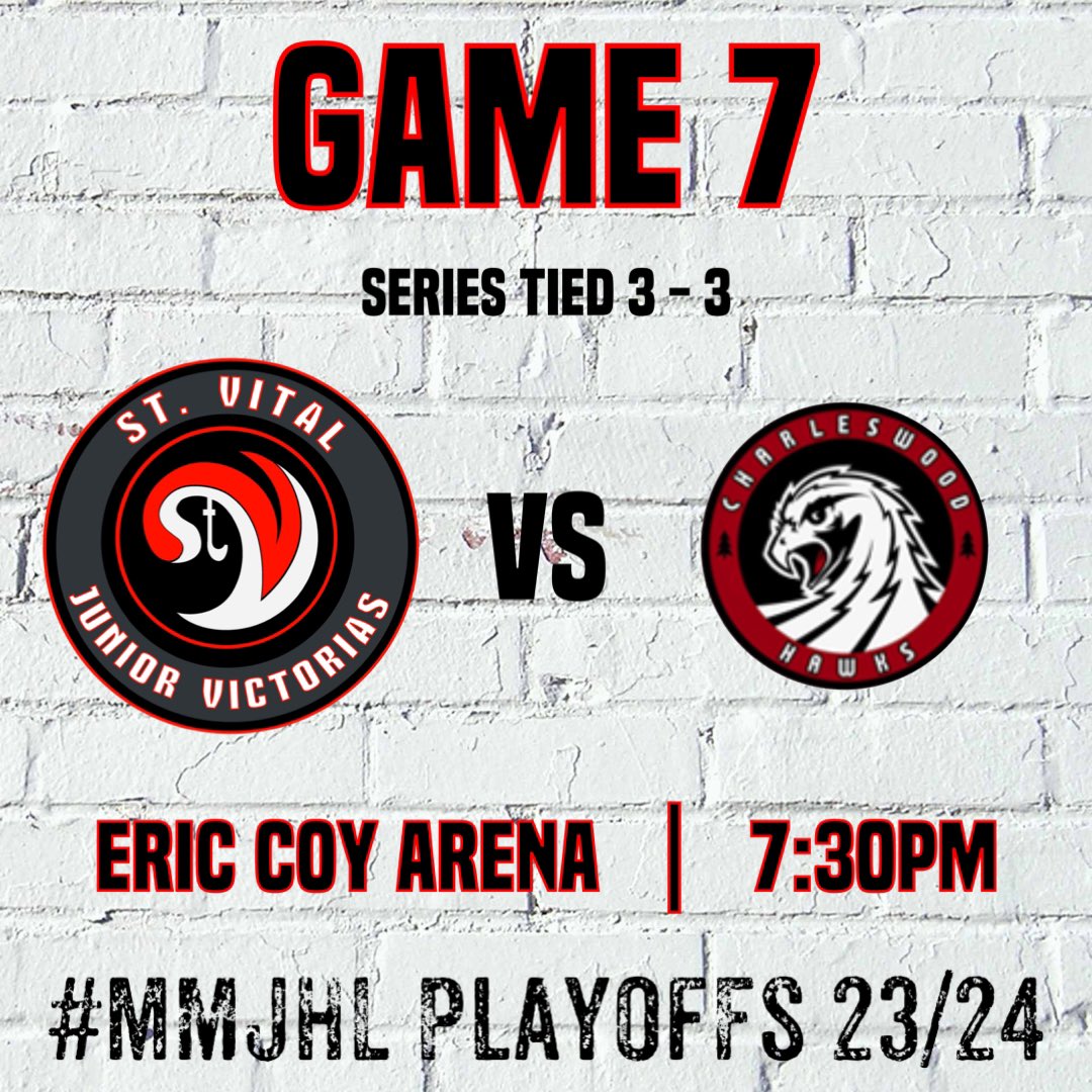 stvitaljrvics's tweet photo. 🚨GAMEDAY🚨
Your VICS are #ALLin tonight as we head into Charleswood for GAME 7!
#STVfamily, your support has been great! Let’s kick it up a notch tonight and get loud! 🔴⚪️⚫️
🆚 - Hawks
⏱️ - 7:30pm
📍 - Eric Coy Arena
#govics #playoffs #showtime https://t.co/kc0nUFr6uU