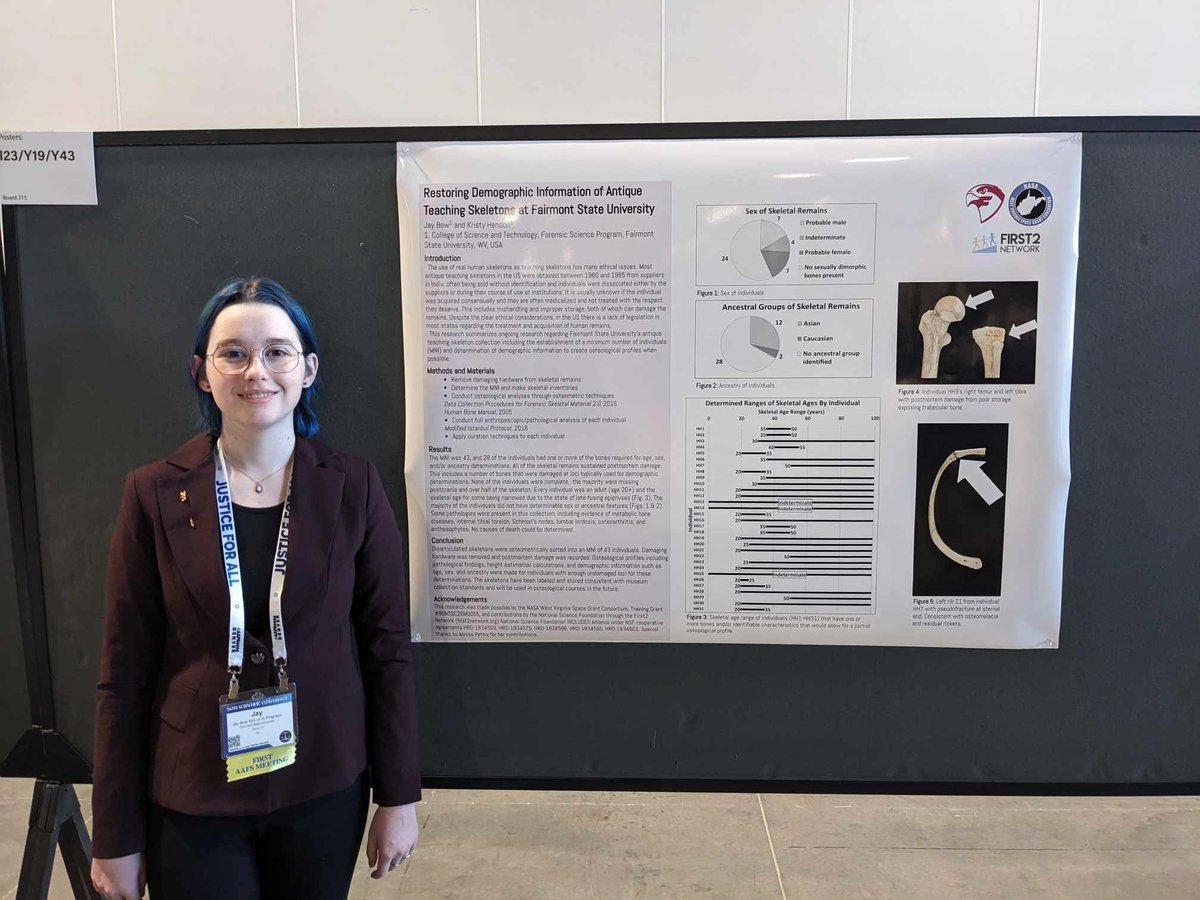 FairmontState's tweet photo. Forensic Science major, Jennifer Bow,  presented their undergraduate research at the American Academy of Forensic Science meeting in Denver on Feb. 23. Their presentation was called "Restoring Demographic Information of Antique Teaching Skeletons at Fairmont State University." https://t.co/sIukm9iDAk