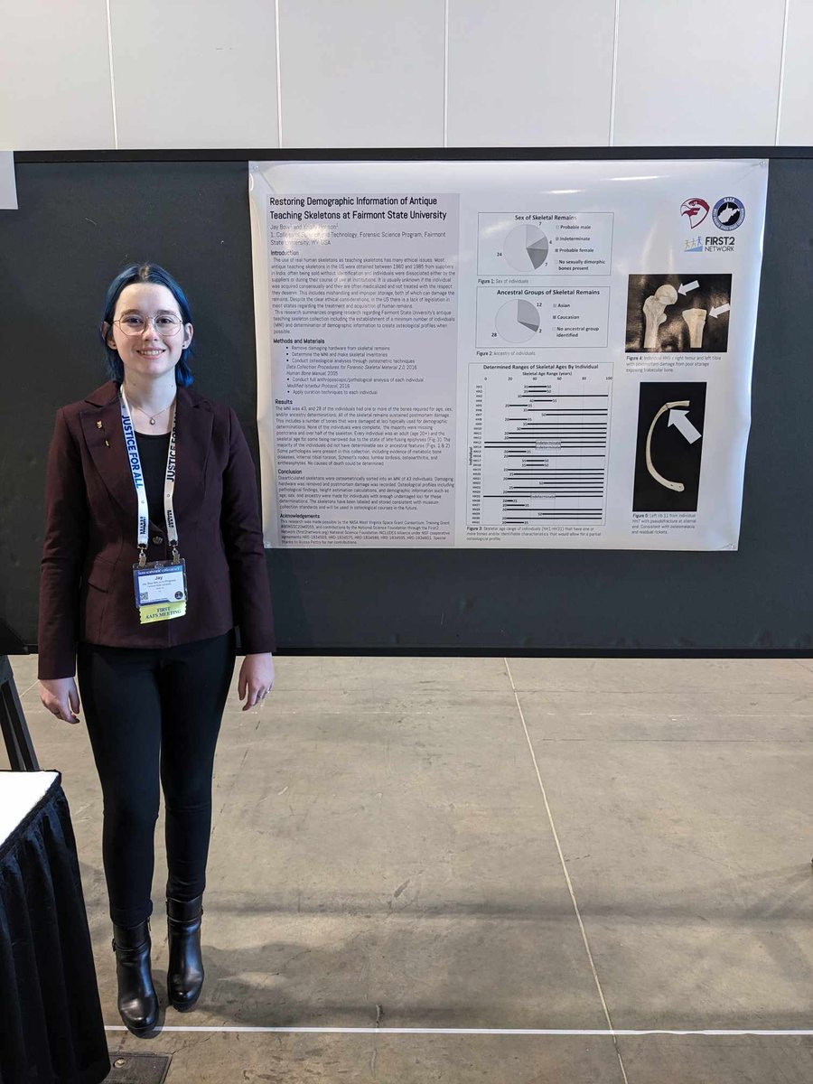 FairmontState's tweet photo. Forensic Science major, Jennifer Bow,  presented their undergraduate research at the American Academy of Forensic Science meeting in Denver on Feb. 23. Their presentation was called "Restoring Demographic Information of Antique Teaching Skeletons at Fairmont State University." https://t.co/sIukm9iDAk