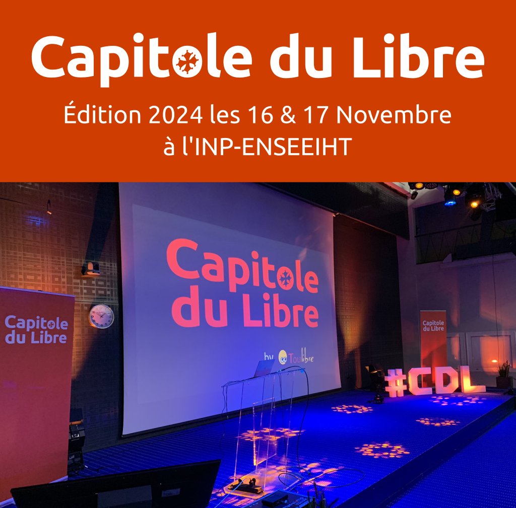 capitoledulibre's tweet photo. 📢 Le Capitole du Libre 2024 se tiendra les 16 et 17 novembre! L'appel à participation ouvrira dans quelques semaines.
On se retrouve en novembre pour parler logiciel libre! #freesoftware #opensource #conference https://t.co/Kf3kDeaYd7
