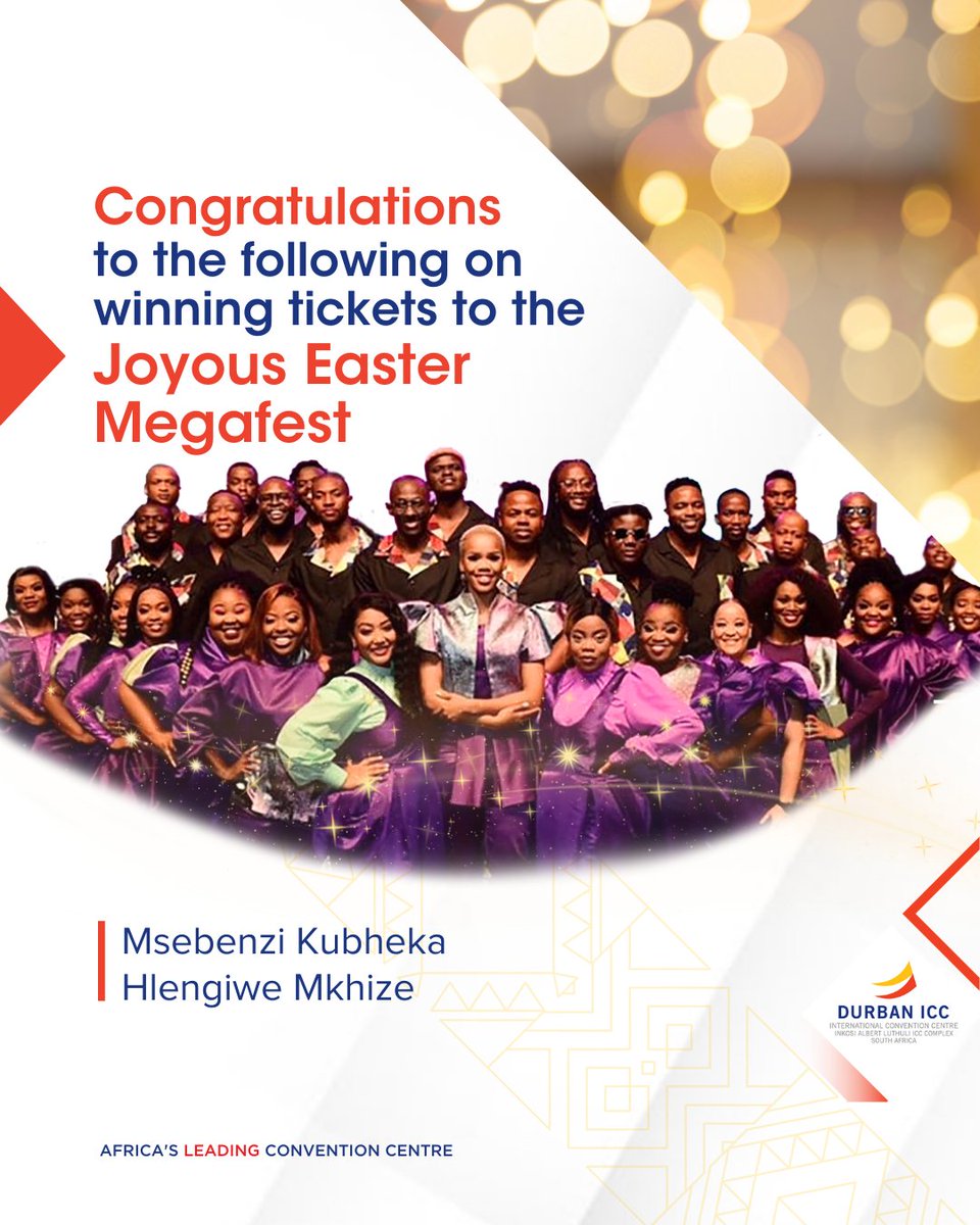 Congratulations to our two winners! You have each won a double ticket to the Joyous Easter Megafest at the Durban ICC between the 30th - 31st March 2024. The ICC team will be in touch! #Competition #Winner #Congratulations #DurbanICC