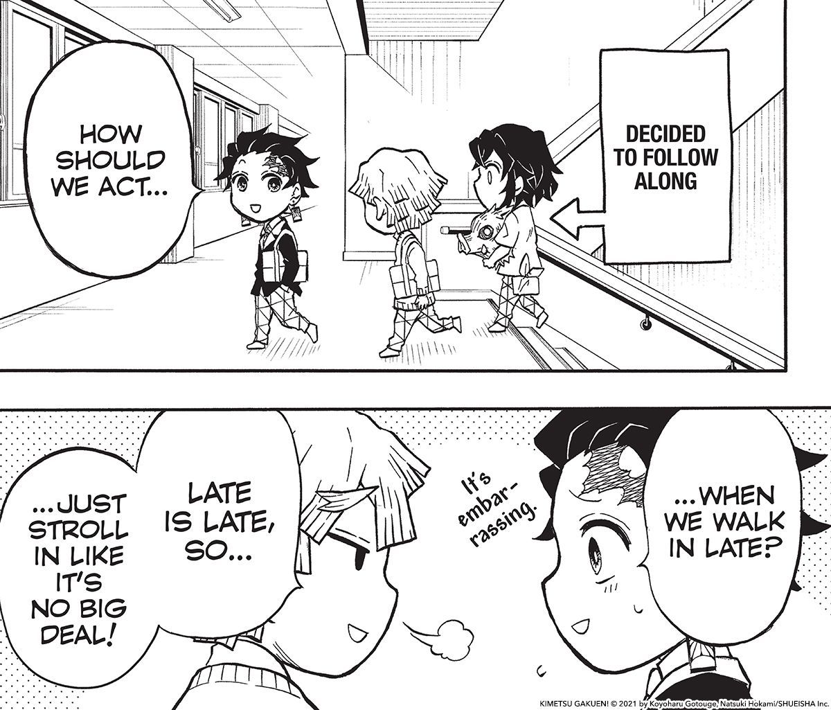 VIZMedia's tweet image. Here’s your pass to come in late today. Show your boss and it’ll be fine #NationalGoofOffDay (via Demon Slayer: Kimetsu Academy)