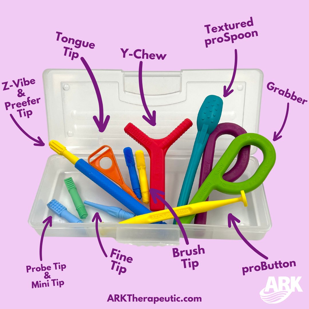 What's in your ARK "classic" kit?⁠
We get asked all the time for the best starter tools for therapy, for "essential" Z-Vibe tips...and without fail, at least a few of these tools come to mind every time!⁠ 
⁠
#speechtherapy #arktherapeutic #zvibe #feedingtherapy⁠
