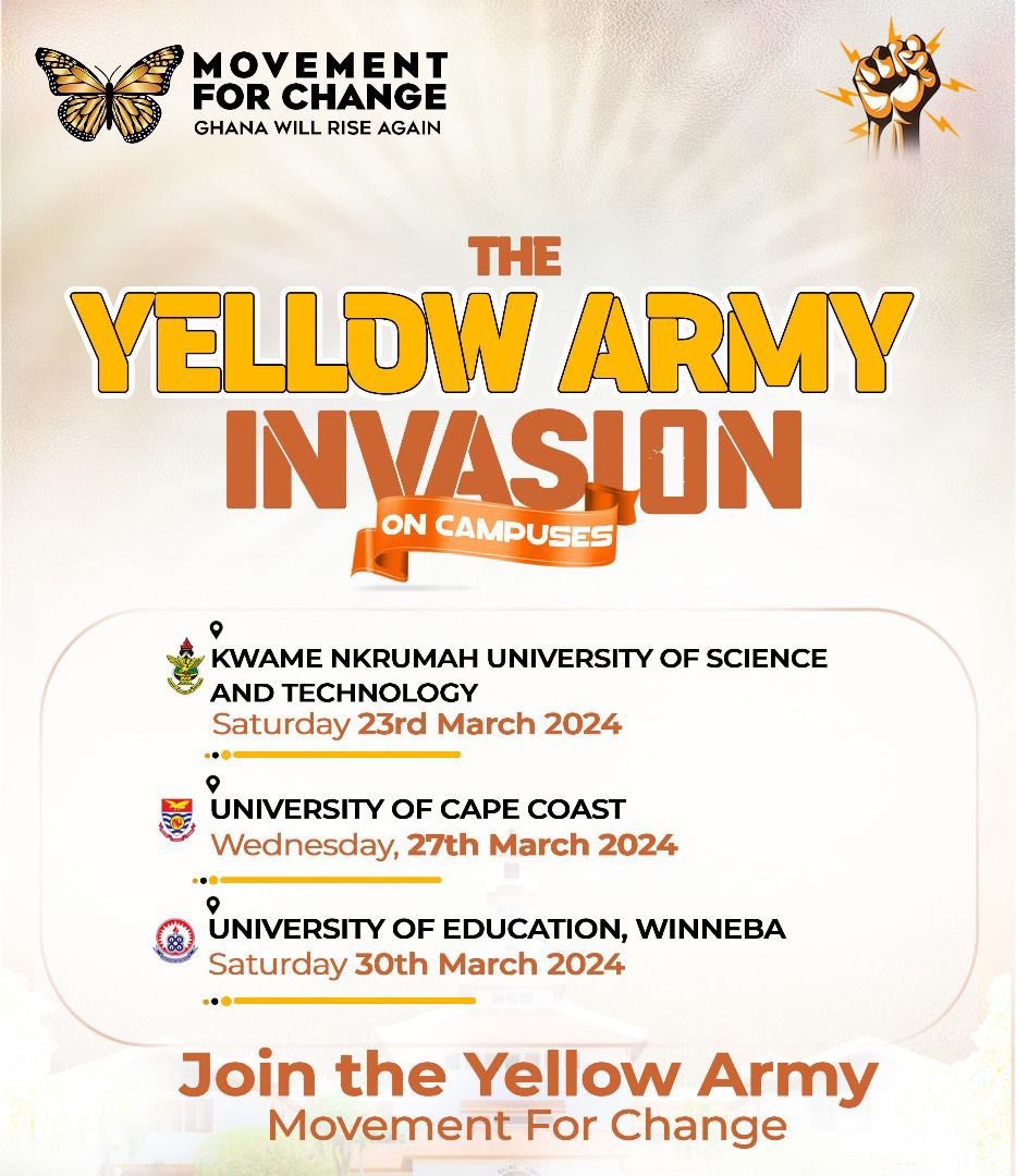 AlanKyerematen's tweet photo. My team of Young Leaders and I will engage students in every single Tertiary Institution in Ghana. 

All over the world, students have led historic movements that have positively transformed nations and the lives of people within them. 

The Movement For Change is committed to transforming Ghana by inspiring our youth to fight for the change we need in leadership at all levels. 

Join our youth led Yellow Army, as we inspire a passion for change in these major Universities: Kwame Nkrumah University of Science and Technology, University of Cape Coast and the University of Education, Winneba as they launch the Yellow Army!

Ghana Will Rise Again!

#GhanaWillRiseAgain
#MovementForChange 
#JobsAndCashEconomy
#Afrafranto 
#YellowArmy