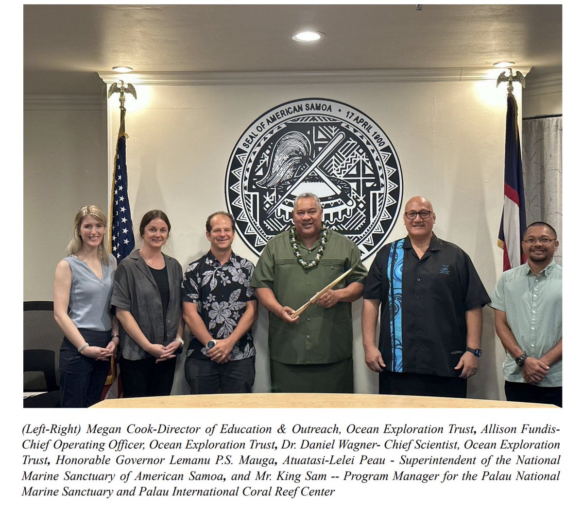 In anticipation of our 2024 expeditions in #AmericaSamoa and #Palau, OET leaders met with National Marine Sanctuary of American Samoa's Atuatasi-Lelei Peau, Honorable Lemanu Palepoi Sialega Mauga, and Palau National Marine Sanctuary @PICRCPalau's Mr. King Sam.