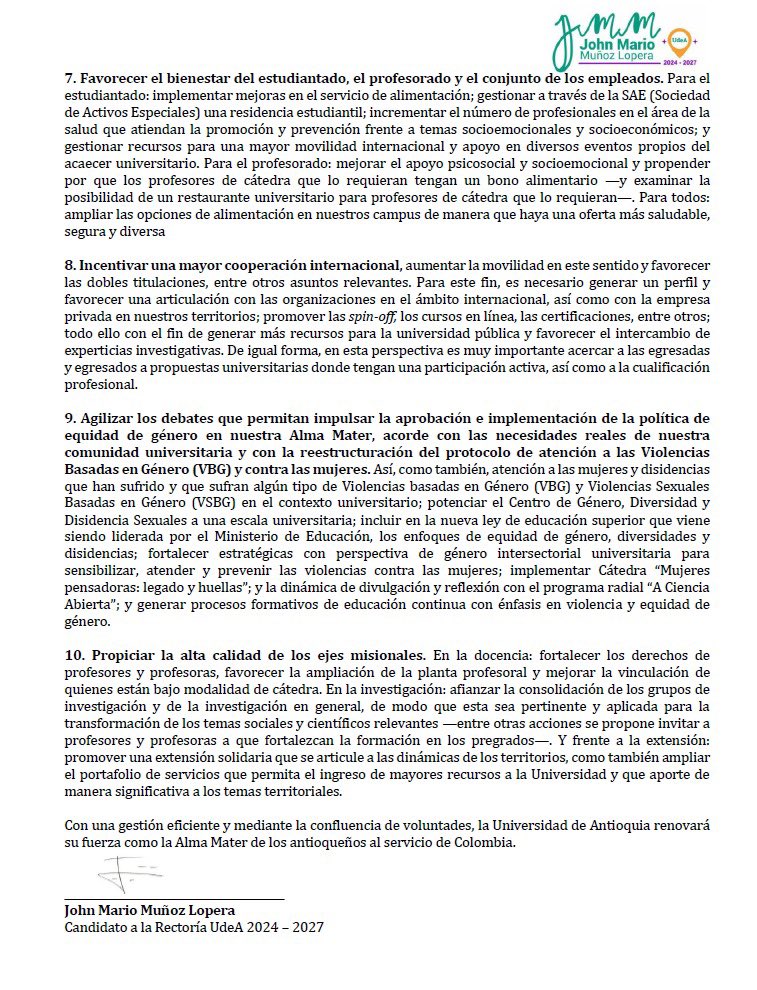 john_mario_'s tweet photo. ✍️Comunidad universitaria y sociedad en general. Comparto a través de un decálogo los puntos centrales que defenderé en la rectoría de la Universidad de Antioquia.✍️

Infinitas gracias 🙏  continuaremos hasta el final. https://t.co/TBLDYzUDEC