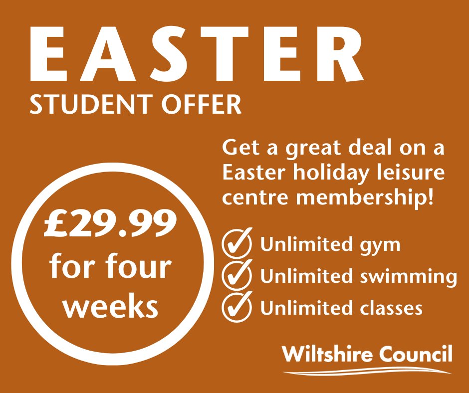 Our Easter student membership is available for sale at @wiltscouncil leisure centres now! Find out more at wiltshire.gov.uk/leisure-promot…, buy online or visit your local centre