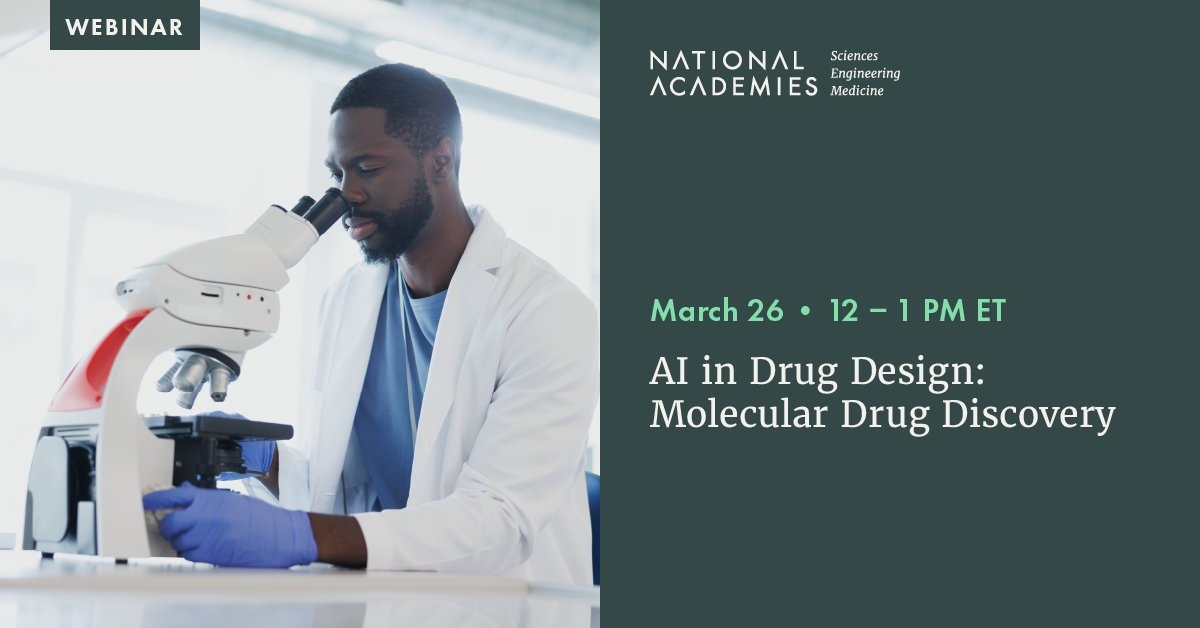 theNASEM's tweet photo. #LargeLanguageModels and #GenerativeAI are transforming #DrugDesign.

Learn how new AI-enabled approaches are advancing molecular #DrugDiscovery and helping to create more effective drugs at our March 26 webinar: https://t.co/M3J8CA75Lz https://t.co/MufUdoJtWI