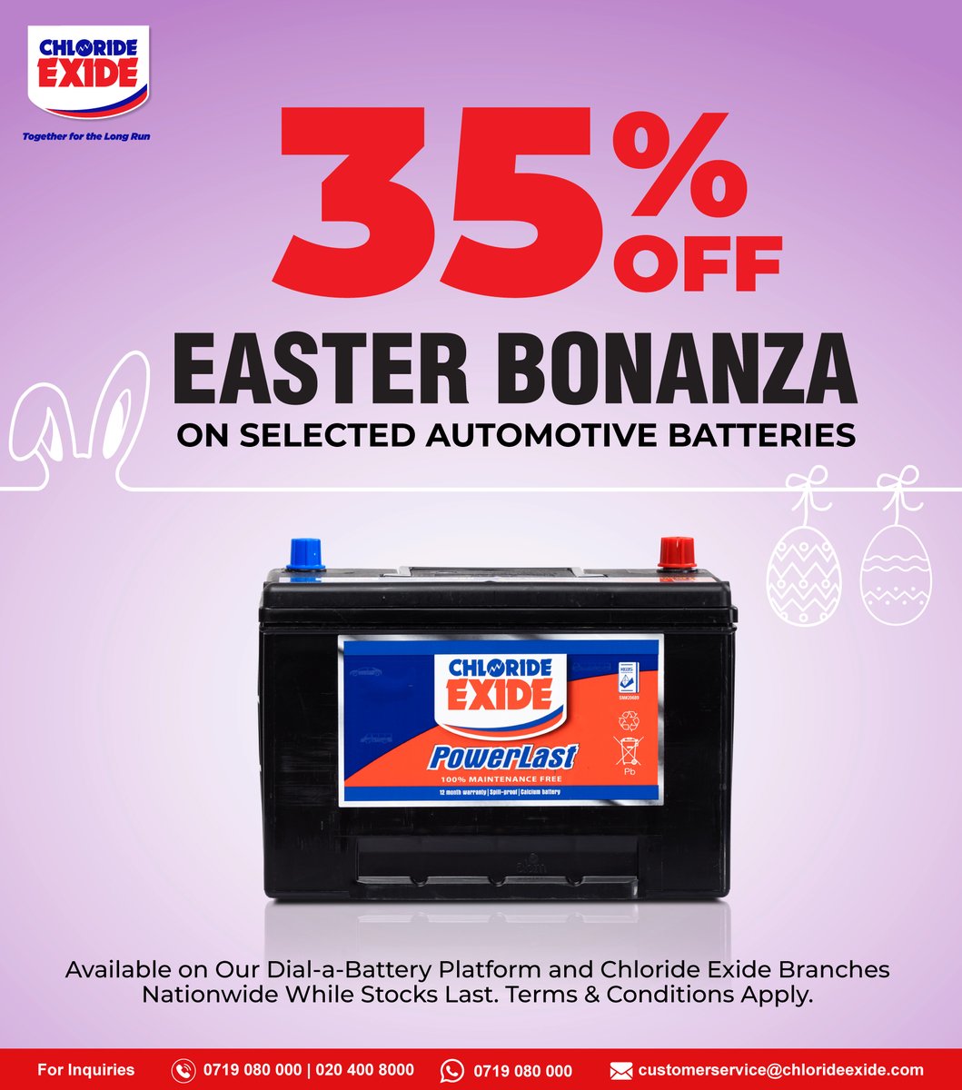 chlorideexide's tweet photo. Get your car ready for Easter adventures and road trips with this electrifying deal!
*Offer valid from 22nd March to April 1st 2024*
#ChlorideExide #ChlorideExidePowerlast #ChlorideExideMaxx #CarBattery #AutomotiveBattery #TogetherForTheLongRun https://t.co/YjWwDLYzlJ