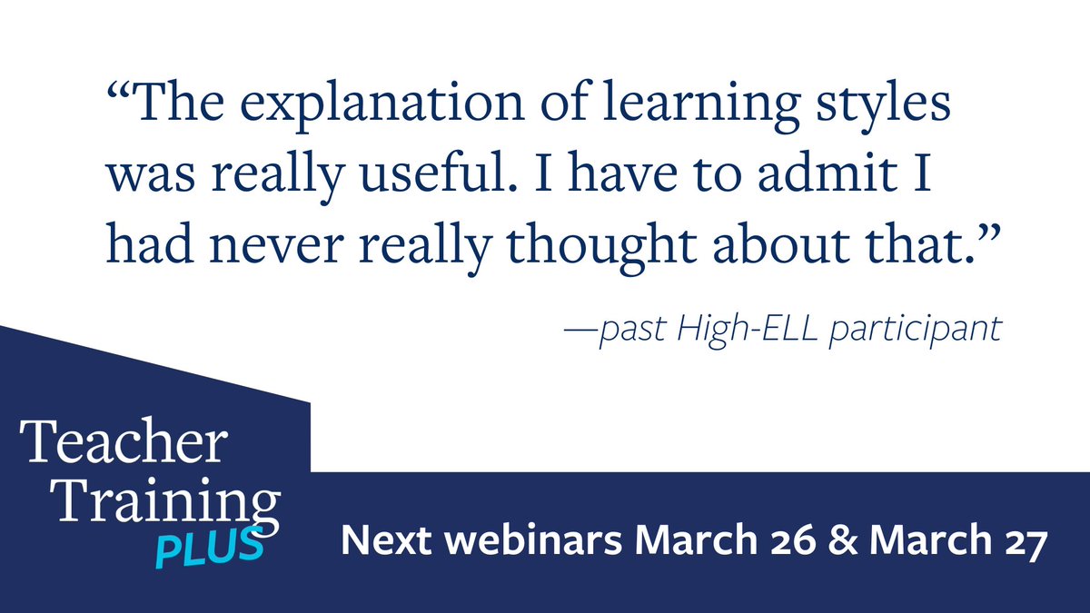 ⏳ There’s still time to register for the next Teacher Training Plus webinars! 💡 March 26: Learn how to help HSE students make inferences 🗣️ March 27: Learn about Content and Language Integrated Learning for ELLs Register: hubs.la/Q02qh2720