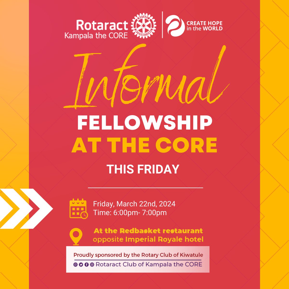 🌟🌟FRIDAY FELLOWSHIP 🌟🌟 Join us today for the fun filled fellowship. Let’s all gather at Red Basket Restaurant and enjoy the evening 😌🎊🎊 #AnythingFortheCore