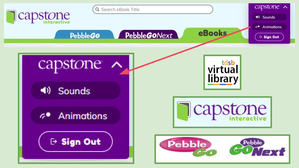 On Capstone, PebbleGo and PebbleGo Next, you can toggle sounds and animations on or off by clicking the purple Capstone menu at the top right of the platform. To explore articles, eBooks, and more, login through the Virtual Library > Read Watch Learn. tdsb.on.ca/library/HOME/R…