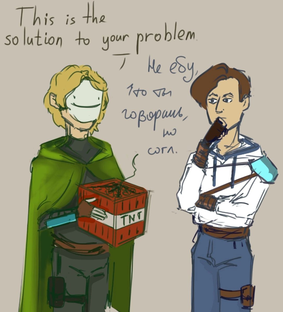 EricSoloviev's tweet photo. #Memes for lor #MineShield2

#Dream : (English) this is the solution to your problem
#HeO: (Russian) I don't know what the fuck you say, but I'm agree

#MineShield3 #dsmp #dsmpmem #dreamfanart https://t.co/8adQNsZaat
