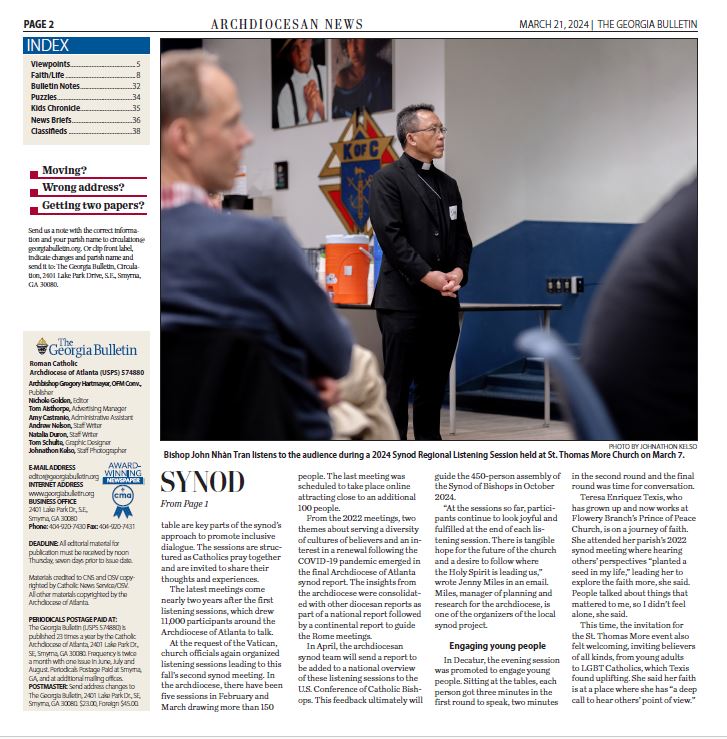 georgiabulletin's tweet image. Dive into the heart of the Synod on Synodality Our cover story delves into the Decatur meeting at St. Thomas More Church, capturing the voices and experiences of participants.  #archatl