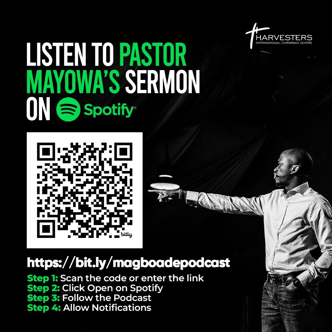 You can now listen to Pastor Mayowa’s sermons on Spotify. If you’re yet to listen, please join us on this side, you can listen by following the steps below.

1. Scan the barcode on the flyer or click on this link bit.ly/magboadepodcast