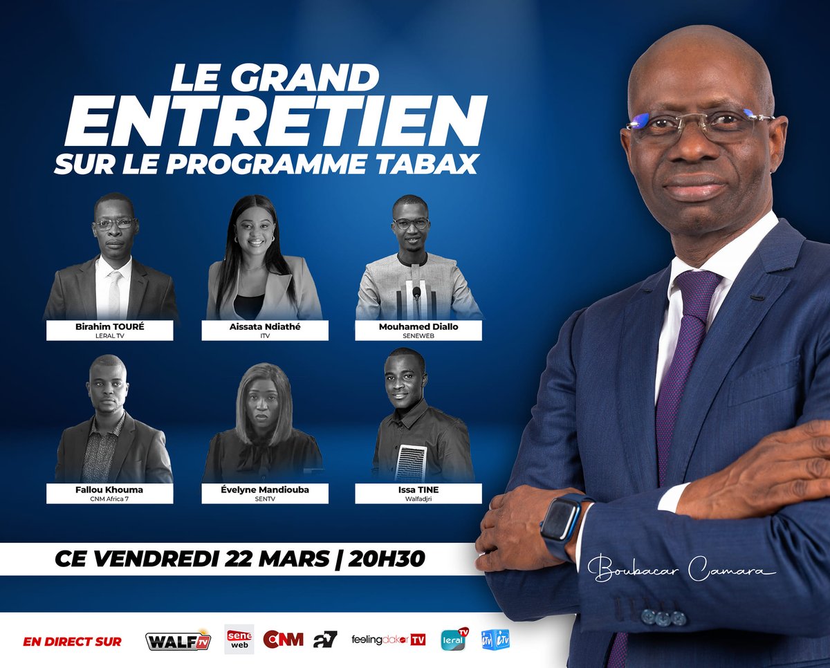 Ce soir à 20 h 30  sur le réseau synchronisé de @walfadjrisn, @seneweb, @itv_sn,  @leralpointnet , CNM, Africa7.

Xel yi dal !
Xol yi feex !
Poos yi fées !

#kamah2024
#BoubacarCamara
#jengutabax
#SunuElection2024
#SenegalVote
#presidentielle2024
#Sénégal
