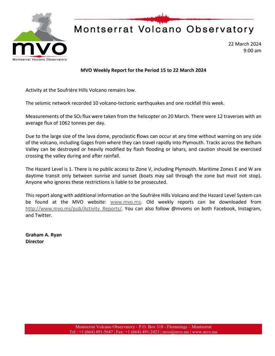 mvoms's tweet photo. #MVOWeeklyReport for the period  15 to 22 March 2024. This report along with additional information on the #SoufrièreHillsVolcano and the Hazard Level System can be found at the #MVO website: https://t.co/Rg7OEBPl1W. https://t.co/LwLGeT0LYm