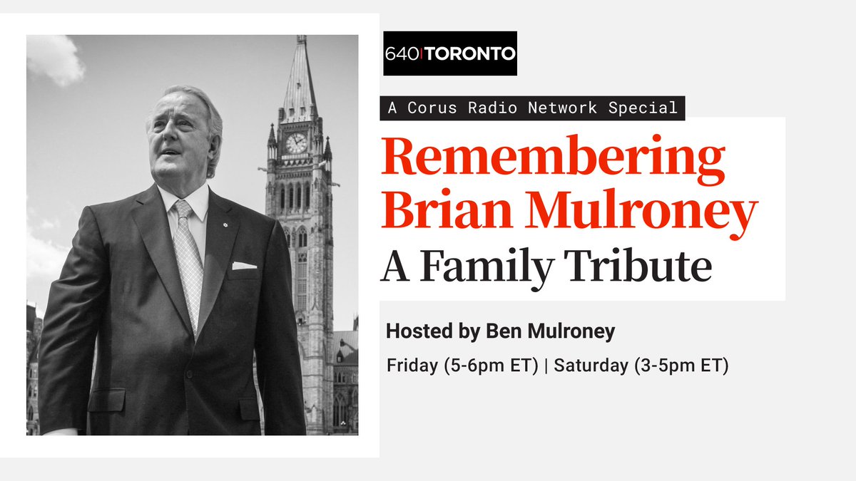 Join us Today at 5:00 PM and tomorrow at 3:00 PM for Remembering Prime Minister Brian Mulroney: A Family Tribute. Hosted by @BenMulroney Guests include US President's George Bush (@TheBushCenter), and @BillClinton, @reba @WayneGretzky, @MichaelBuble and @officialdfoster