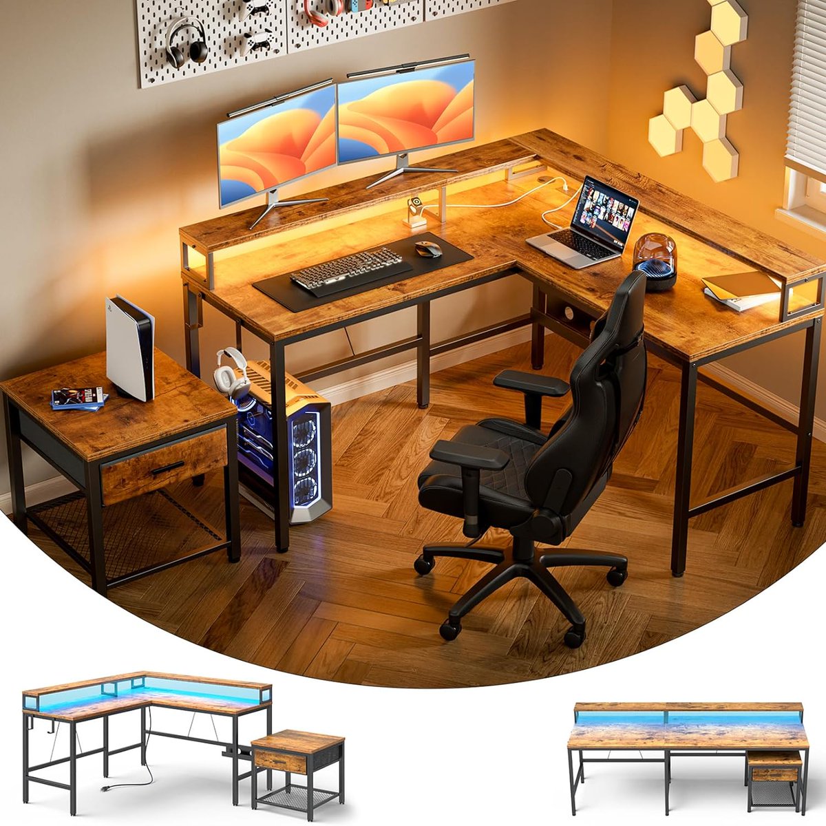Marsail L-Shaped Gaming Desk with Monitor Riser & Printer Stand Coupon on Page! amzn.to/3VzZ4Gd #ad