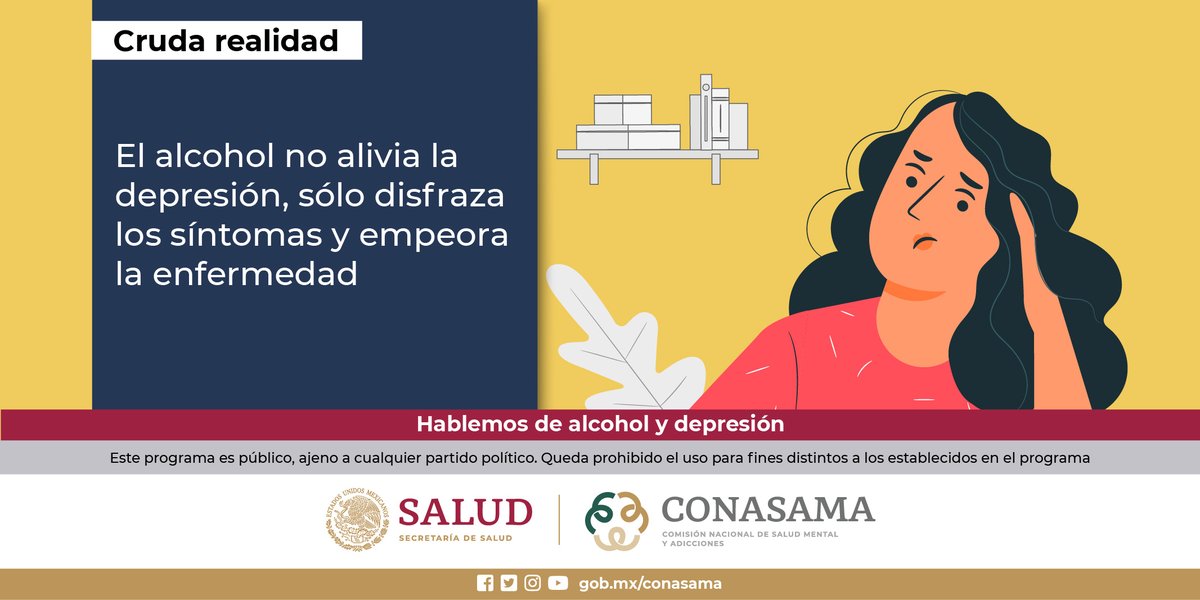 conasamamx's tweet photo. El alcohol no es la solución a tus problemas. Si estás deprimido, beber solo empeorará las cosas.

Hablemos de alcohol y depresión, en la @LineaDe_LaVida podemos ayudarte

📲 800 911 2000

#NosCuidamos #PorLaSaludMental https://t.co/DBhMCKr6tM