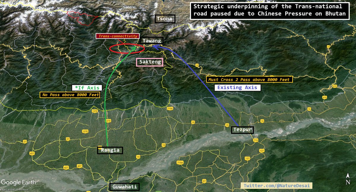 I explore the strategic importance of the road held back due to a 🇧🇹 request amidst boundary negotiations with 🇨🇳. M1: Location of Bletting-Doksum Road Axis. M2: How it provides & alt connectivity in case of hot conflict in the future. (In '62, some elements retreated via it.)