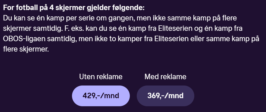 FatRonOlsen's tweet image. Se absolutt ALT fra Eliteserien reklamerer @tv2playnorge med. Samtidig kan du bare se 1 kamp om gangen fra Eliteserien. Ergo kan du kan kun se 5 av 8 kamper i første serierunde.(evt ha 4 abb til 1716,- mnd) Er dette lovlig markedsføring @Forbrukerradet #2el #2fx #nrksport