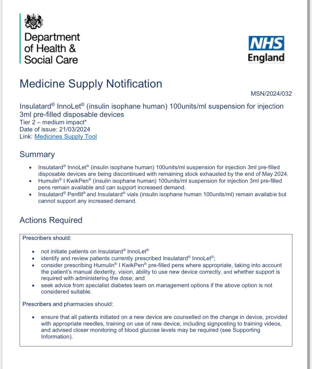 ⚠️Please see these 2 medication supply notifications which highlight that: ▶️Levemir InnoLet ▶️Insulatard InnoLet are being discontinued & stocks are expected to be exhausted by the end of May ‘24 There are similar alternatives, so contact your team for support #gbdoc