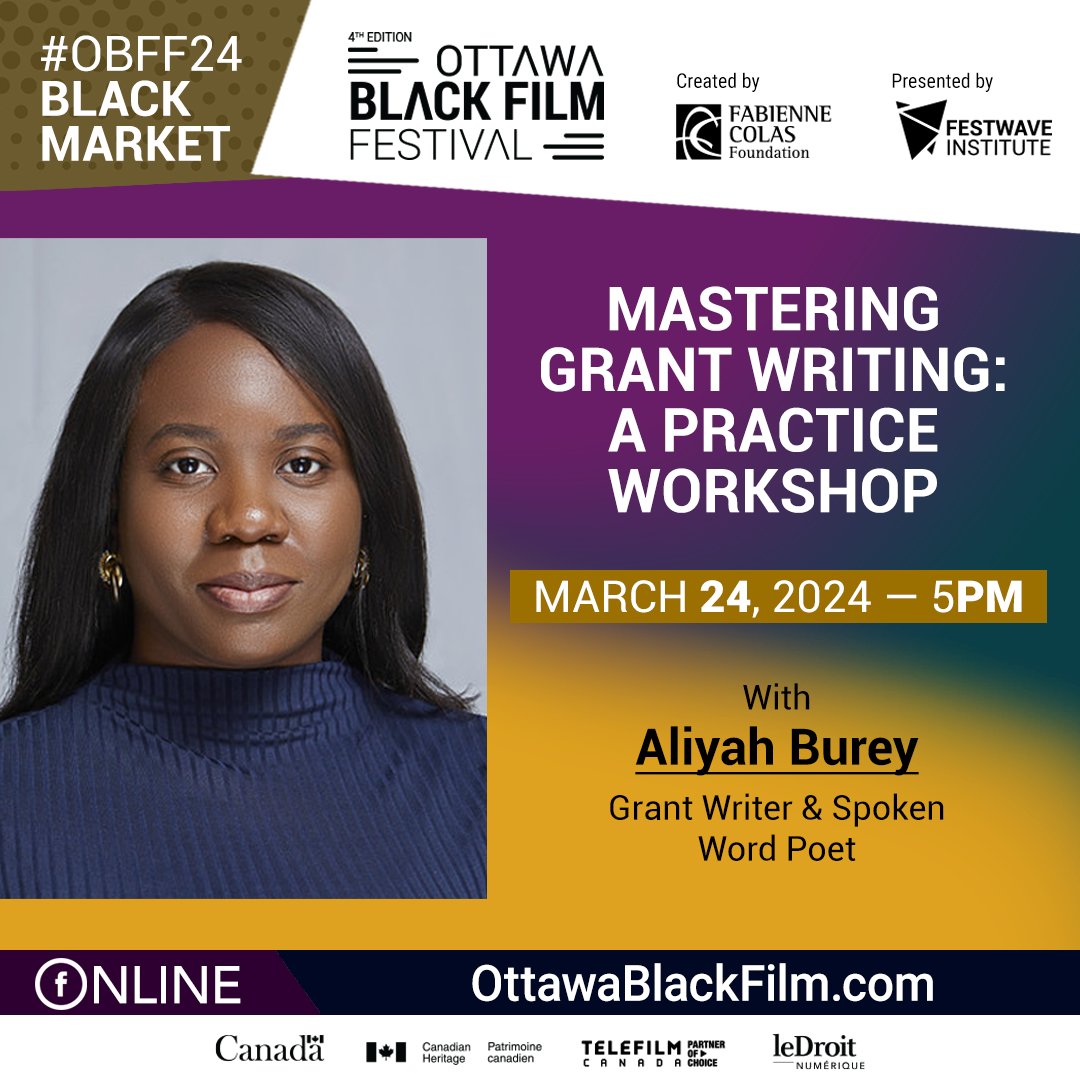 #OBFF24 l Black Market • Mastering Grant Writing: A Practise Workshop

Are you ready to elevate your grant writing skills to new heights?

Films l Events l All Access Pass • OttawaBlackFilm.com