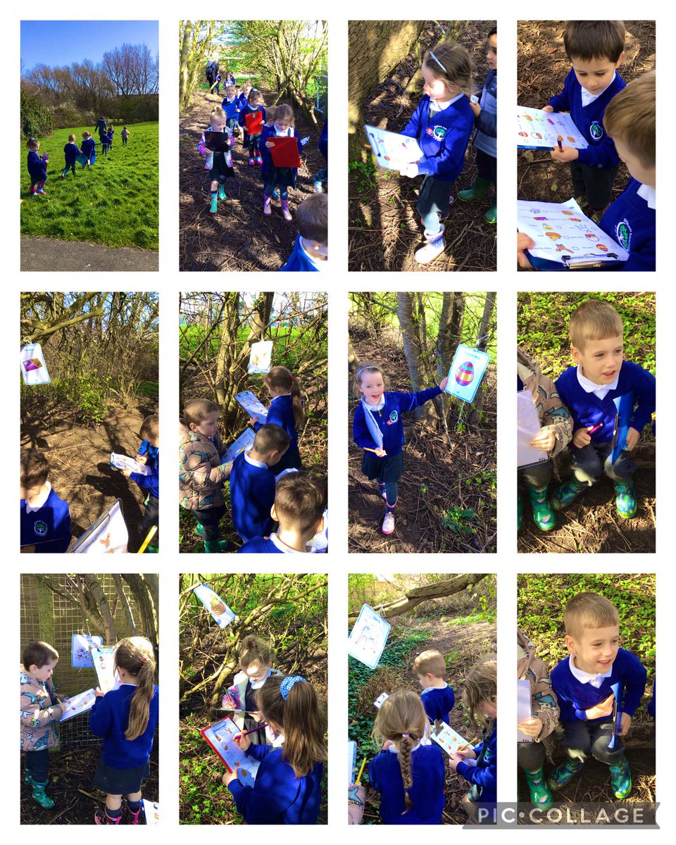 BisphamEndowed's tweet photo. This afternoon RP have been on an Easter hunt around the nature trail. We each had a clipboard and had to look out for the pictures. When we found the picture we ticked it off on our sheet. At the end of the hunt we found a basket of chocolate eggs! 🥚🐇😋 https://t.co/PLkwJFNmb2