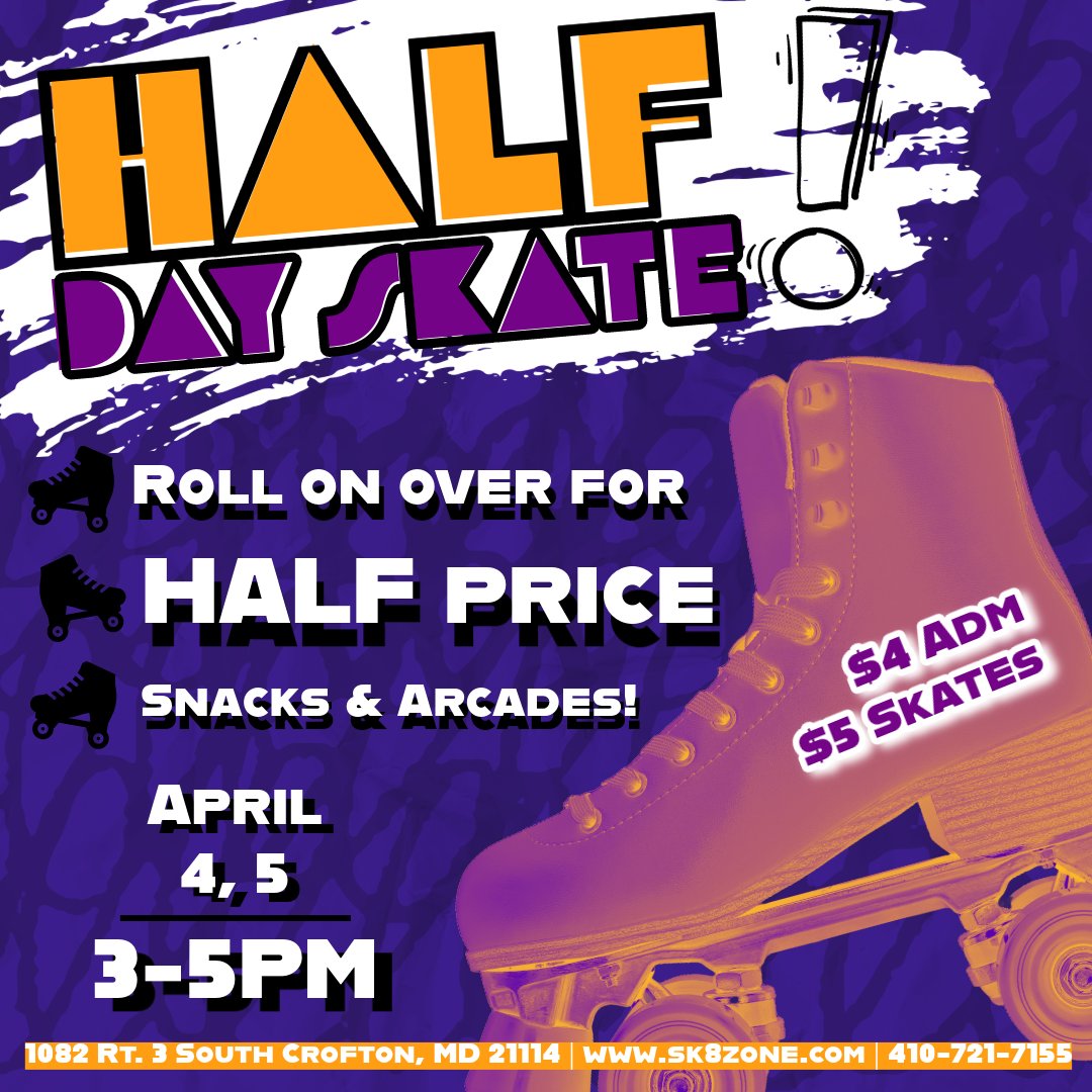 🚨 HALF price specials next week! 🚨

Join us next Thursday & Friday from 3-5pm for our Half Day Skate! Snacks & arcades are half price! 🤩

#skatezonecrofton #halfday #halfprice #specials #rollerskate #familyfun #annearundelcounty