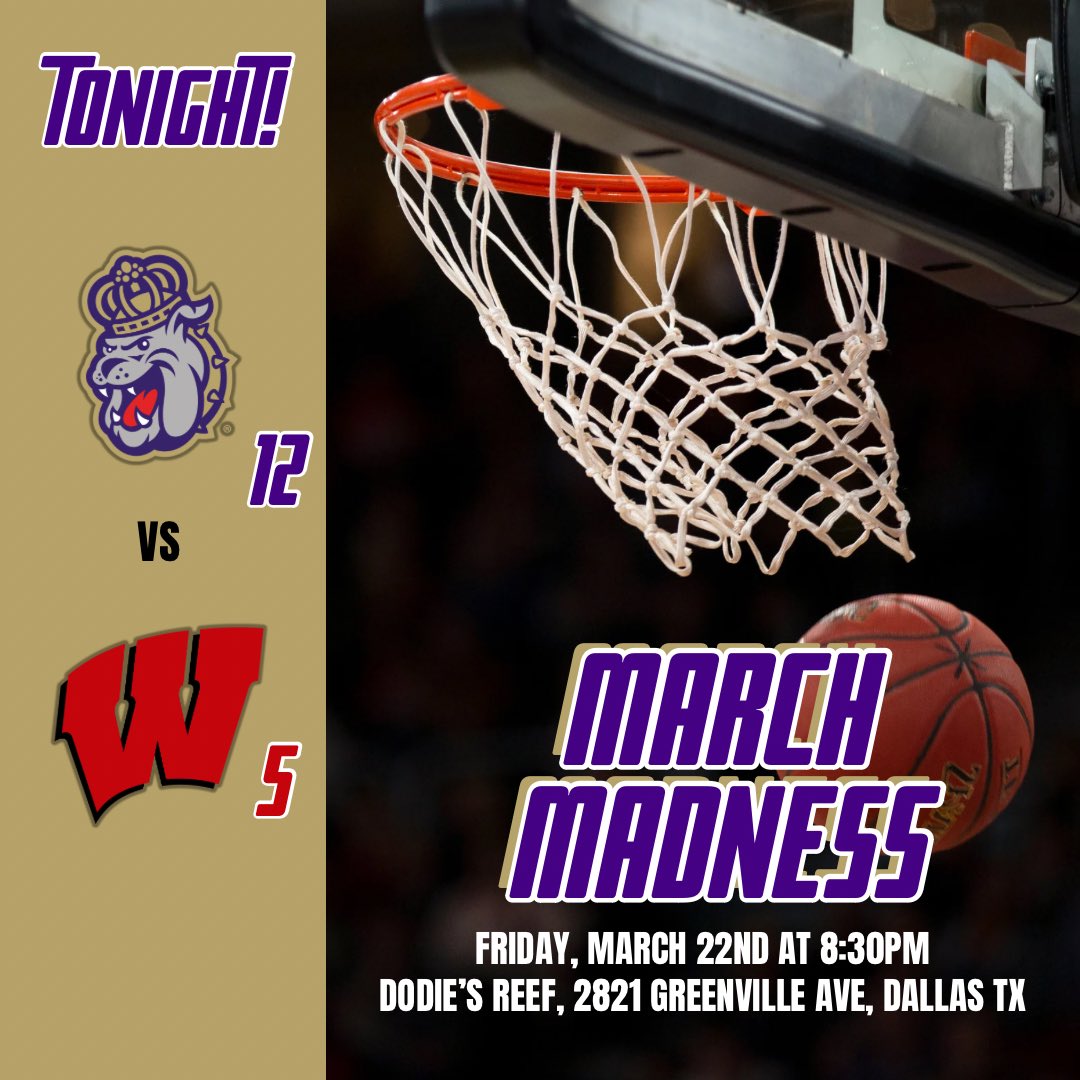 DFWDukes's tweet image. Join us tonight to cheer on our Dukes🏀! We’ll be at Dodie’s Reef (aka Dodie’s) in Lower Greenville at 8:30pm to watch our Dukes take on Wisconsin in the First Round of the Men’s Tournament!

RVSP 🔗: alumni.jmu.edu/s/1591/18/inte…