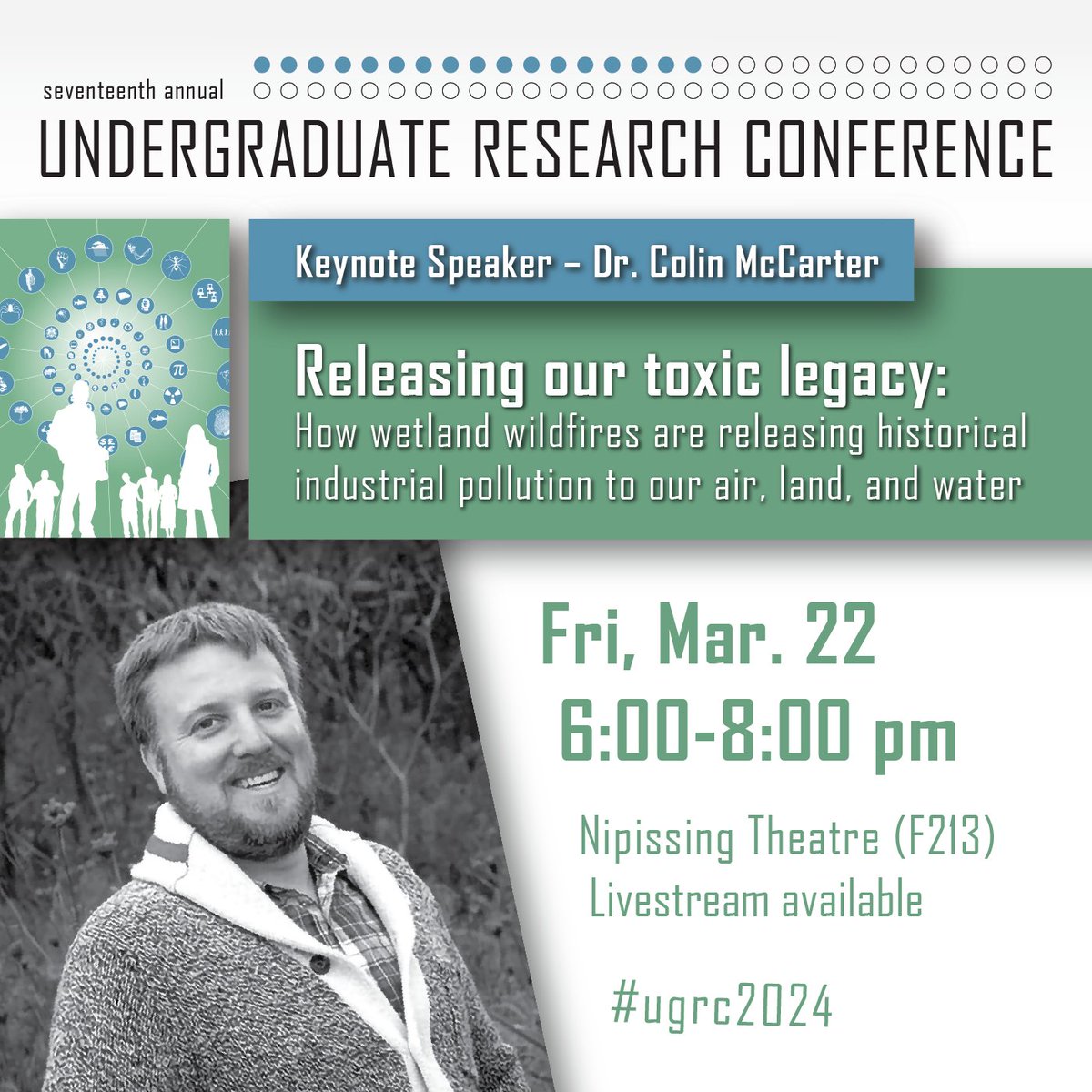 Tonight, Dr. Colin McCarter will give the keynote address at the Undergraduate Research Conference at 6 p.m. on his research into how wetland wildfires are releasing historical industrial pollution into our air, land and water. Learn more: nipissingu.ca/events/ugrc-ke…