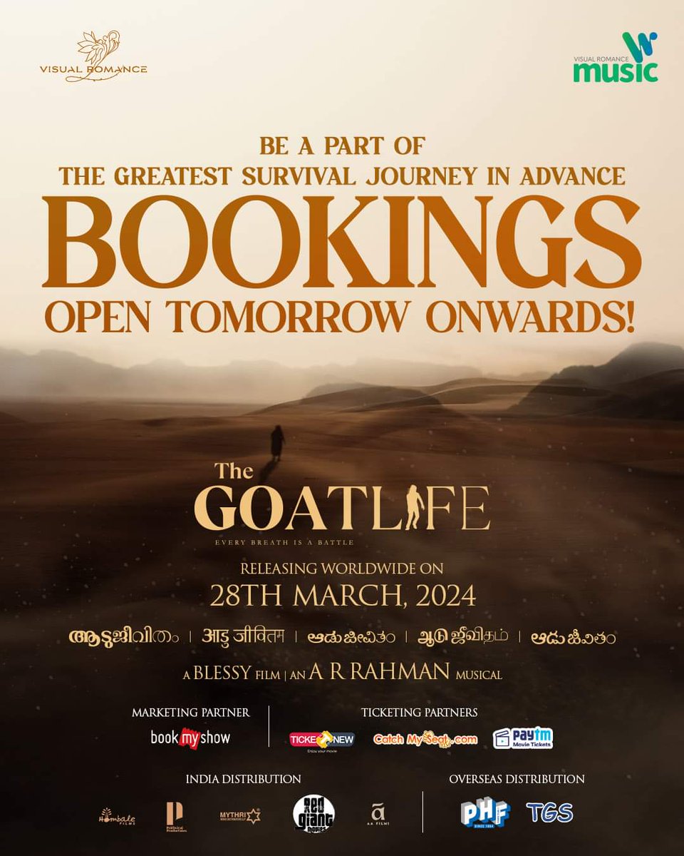 Set your alarms! Ticket bookings for #TheGoatLife go LIVE tomorrow. Releasing worldwide on 28.03.2024 in 5 languages. Are you excited? #Aadujeevitham #TheGoatLifeOn28thMarch @DirectorBlessy @benyamin_bh @arrahman @prithviofficial @Amala_ams @Haitianhero @rikaby @resulp