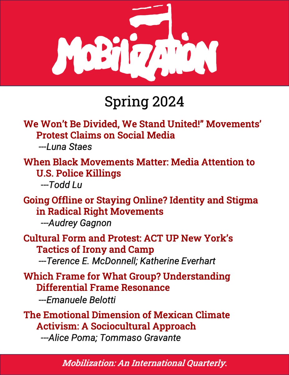 Mobilization (@mobyjournal) on Twitter photo Our Spring issue is out!
New research on unity in protests, media influence on activism, online identity, creative resistance, and the heart of climate advocacy!
meridian.allenpress.com/mobilization/i… Our Spring issue is out!
New research on unity in protests, media influence on activism, online identity, creative resistance, and the heart of climate advocacy!
meridian.allenpress.com/mobilization/i…