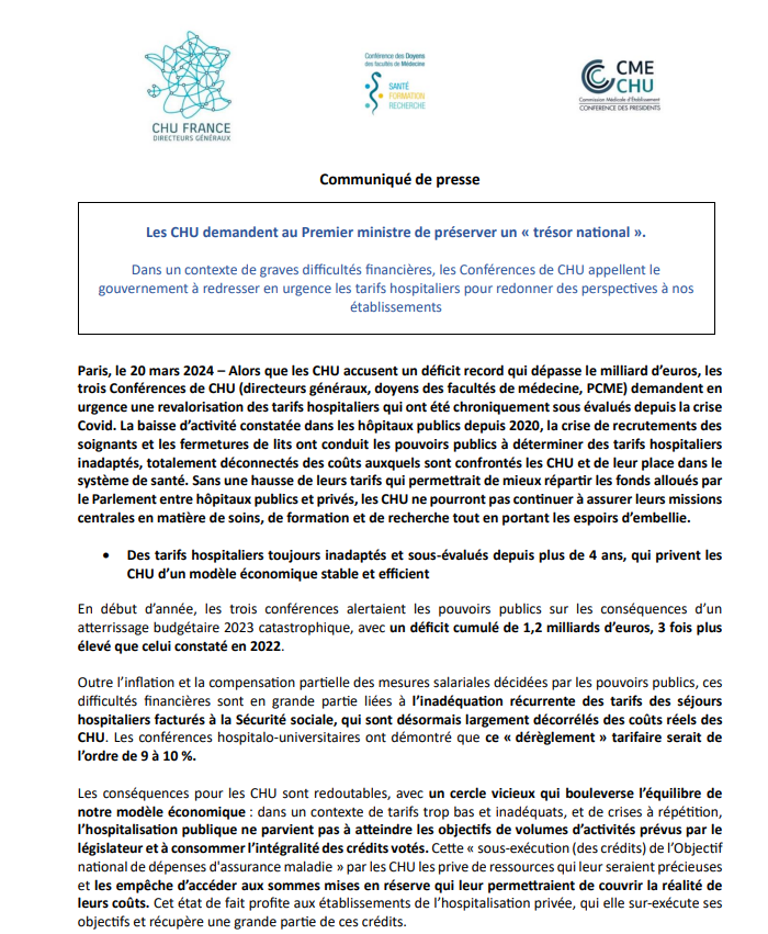 DG_CHRU's tweet photo. 🚨 Les #CHU demandent au Premier ministre @GabrielAttal  de préserver un « trésor national ».

@DG_CHRU @ConfDoyensMed  @ConfPCMECH appellent à un nécessaire redressement pour redonner des perspectives aux établissements afin d'entretenir et moderniser notre #hôpital. https://t.co/K8wvfRjSvC