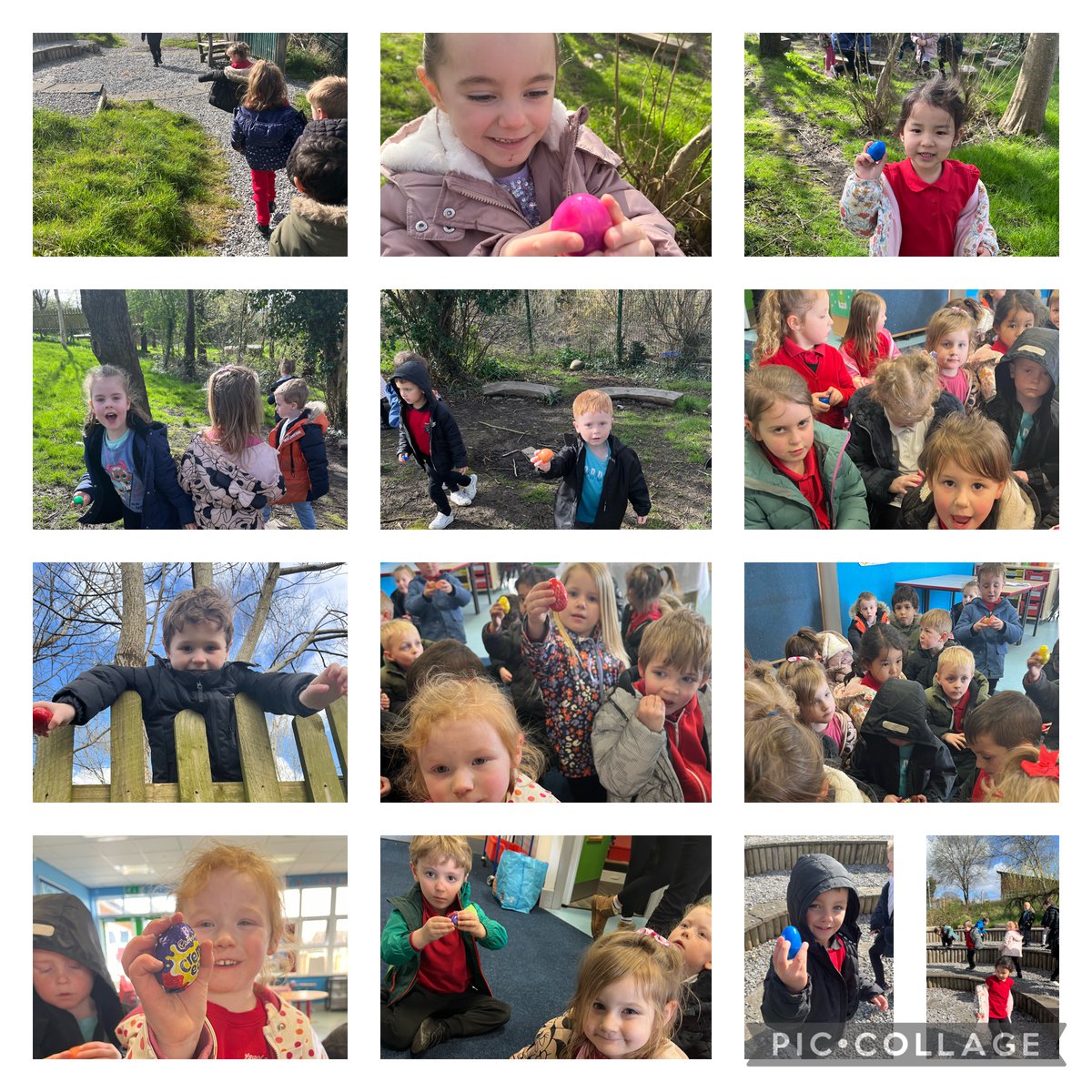 Dosbarth Cadno having lots of fun down the meadow on an Easter egg hunt!