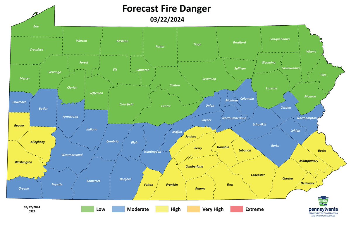 DCNRnews's tweet photo. The wildfire danger is high today for southeastern Pennsylvania and parts of southwestern Pennsylvania. Please do not start any outdoor fires in these areas today. Learn more about #PaWildfire danger and find daily wildfire danger maps ➡ https://t.co/8ghdqObHVI. https://t.co/o4j28KHDsG