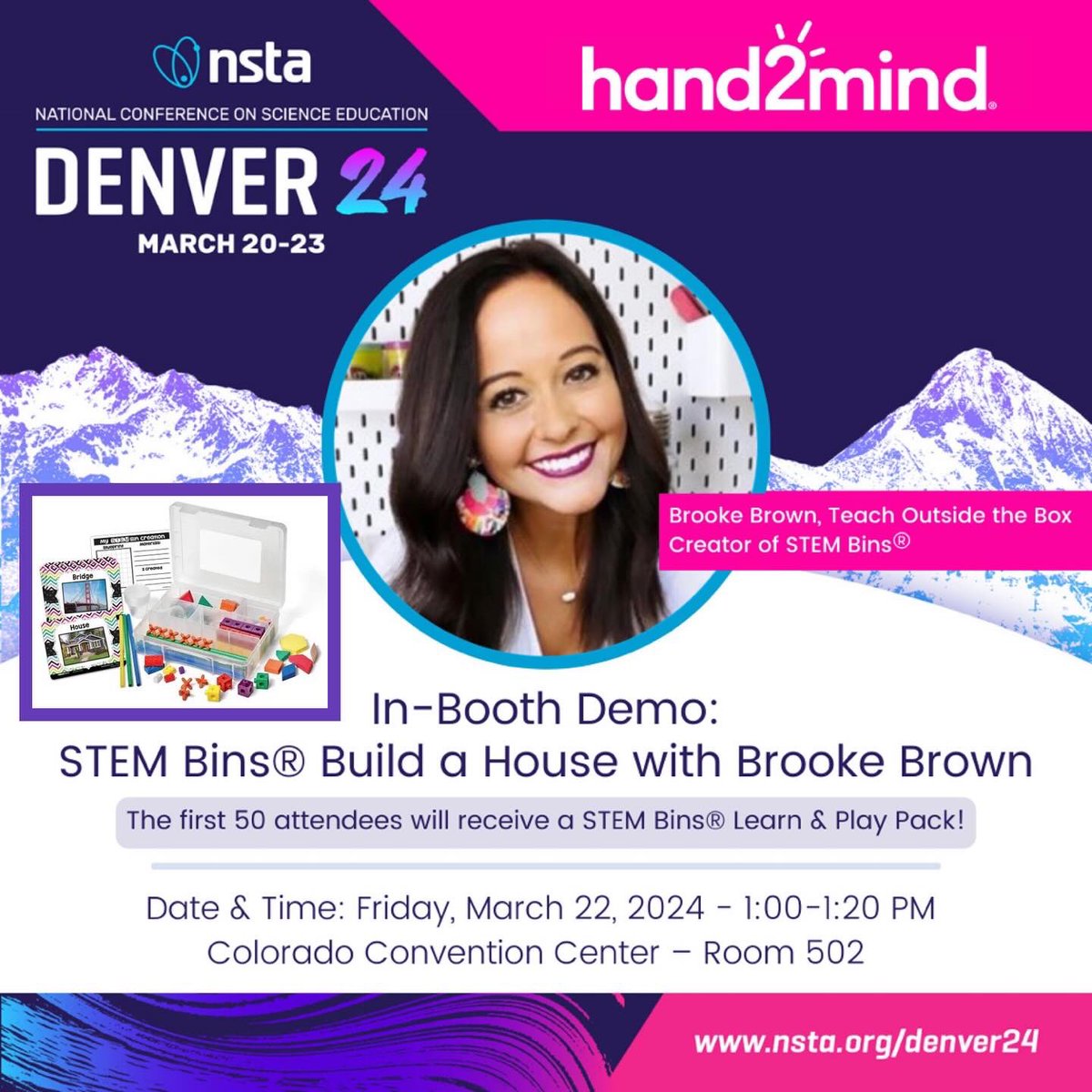 It’s a beautiful day at @NSTA Denver! 🥰🎉 Join me at the @hand2mind booth from 1:00-1:20 for a STEM Bins demo and the first 50 attendees get a FREE Learn and Play pack! 😱🙌 Also, make sure to join me for my full session at 4:00: STEM Bins: Engineering Through Play!