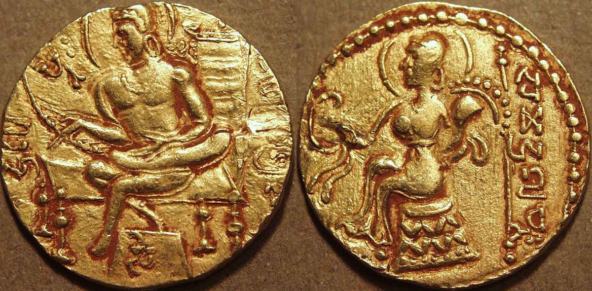 A case of inscriptions supporting numismatic evidence...!

Allahabad pillar inscription of Samudragupta mentions him as a musician who could put to shame musicians like Tumburu & Narada.

His 'Lyrist' type coin depicts him sitting cross-legged, wearing a dhoti & playing a Veena.