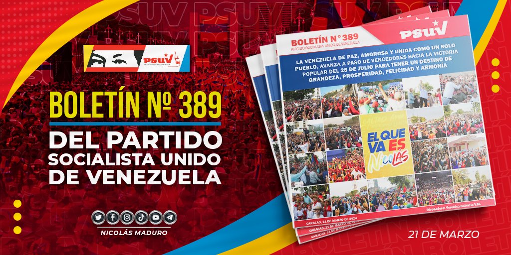 Tenemos un Pueblo leal y amoroso que avanza con fuerza a paso de vencedores hacia la gran victoria popular del 28 de julio. Juntos vamos a dibujar el destino de grandeza, prosperidad y felicidad de Venezuela. ¡Nada nos va a detener! Lean y compartan la edición N° 389 del Boletín