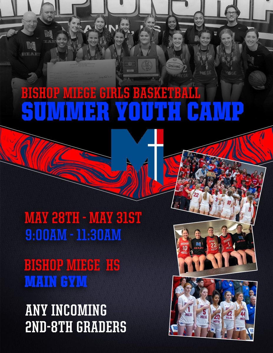 Elevate your game this summer at our youth basketball camp! Join our tradition of excellence! Led by 2024 state champion coaches &amp; players, you'll build skills, teamwork, and have a blast on the court. Don't miss out! #WeRMiege 

Secure your spot now: bishopmiegestagshop.com/pages/girls-ba…