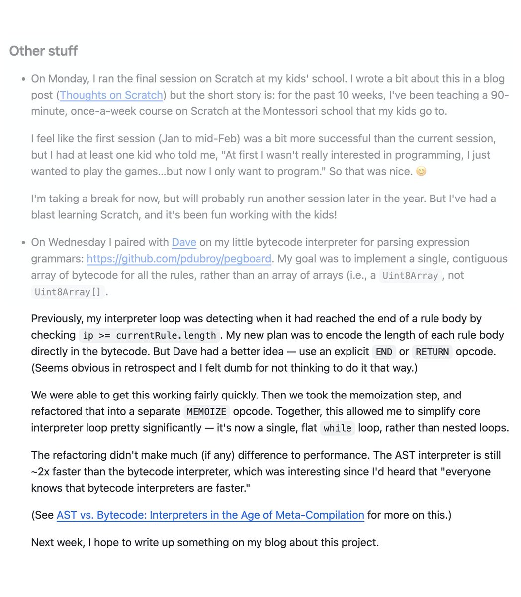 Weeknotes: Week 12
→ github.com/pdubroy/weekno…

Updates on @_ohmjs, @WasmGroundUp, and my little bytecode interpreter project.