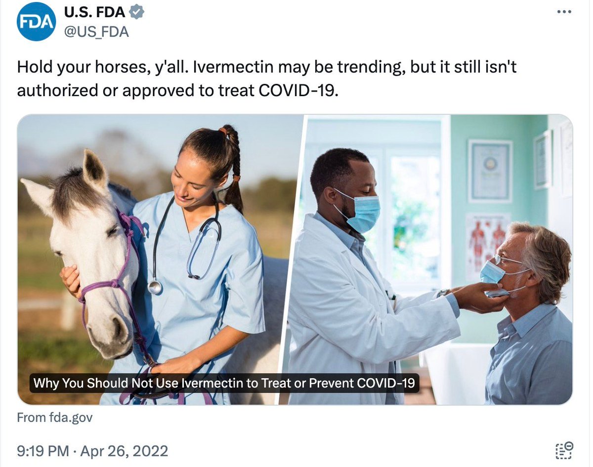 VigilantFox's tweet photo. Lawsuit Drops Bombshell on FDA's Orwellian Lie About Ivermectin

In a massive win for truth and medical freedom, the FDA has to remove ALL social media content and consumer advisories on ivermectin usage.

Dr. McCullough previously said that the FDA should be sued for misleading the public by spreading misinformation on Ivermectin's ability to treat COVID-19 – causing unnecessary deaths.

Now, it's happening.

The complaint cites U.S. law, including the provision that the FDA “may not interfere with the authority of a health care provider to prescribe or administer any legally marked device to a patient for any condition or disease within a legitimate health care practitioner-patient relationship.”

Dr. Bowden (@MDbreathe), one of the plaintiffs in this lawsuit, writes:

"FDA loses its war on ivermectin and agrees to remove all social media posts and consumer directives regarding ivermectin and COVID, including its most popular tweet in FDA history.  This landmark case sets an important precedent in limiting FDA overreach into the doctor-patient relationship."
