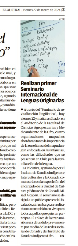 CONADI_Gob's tweet photo. El diario Austral de #Temuco destaca la realización del Seminario de Revitalización Lingüística en que Organizaciones #Mapuche comparten experiencias de enseñanza - aprendizaje del #mapuzugun con apoyo de #CONADI y @UFrontera #ChileAvanzaContigo https://t.co/facIHPXES9