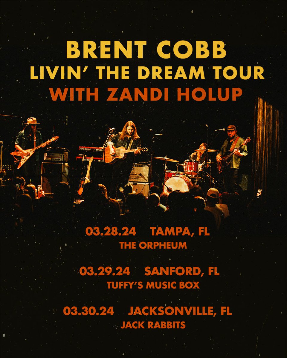 Florida! I’ll be playing March 28, 29, and 30 supporting Brent Cobb! Tampa, Sanford, and Jacksonville. Can’t wait ☀️

Tickets - zandiholupmusic.com