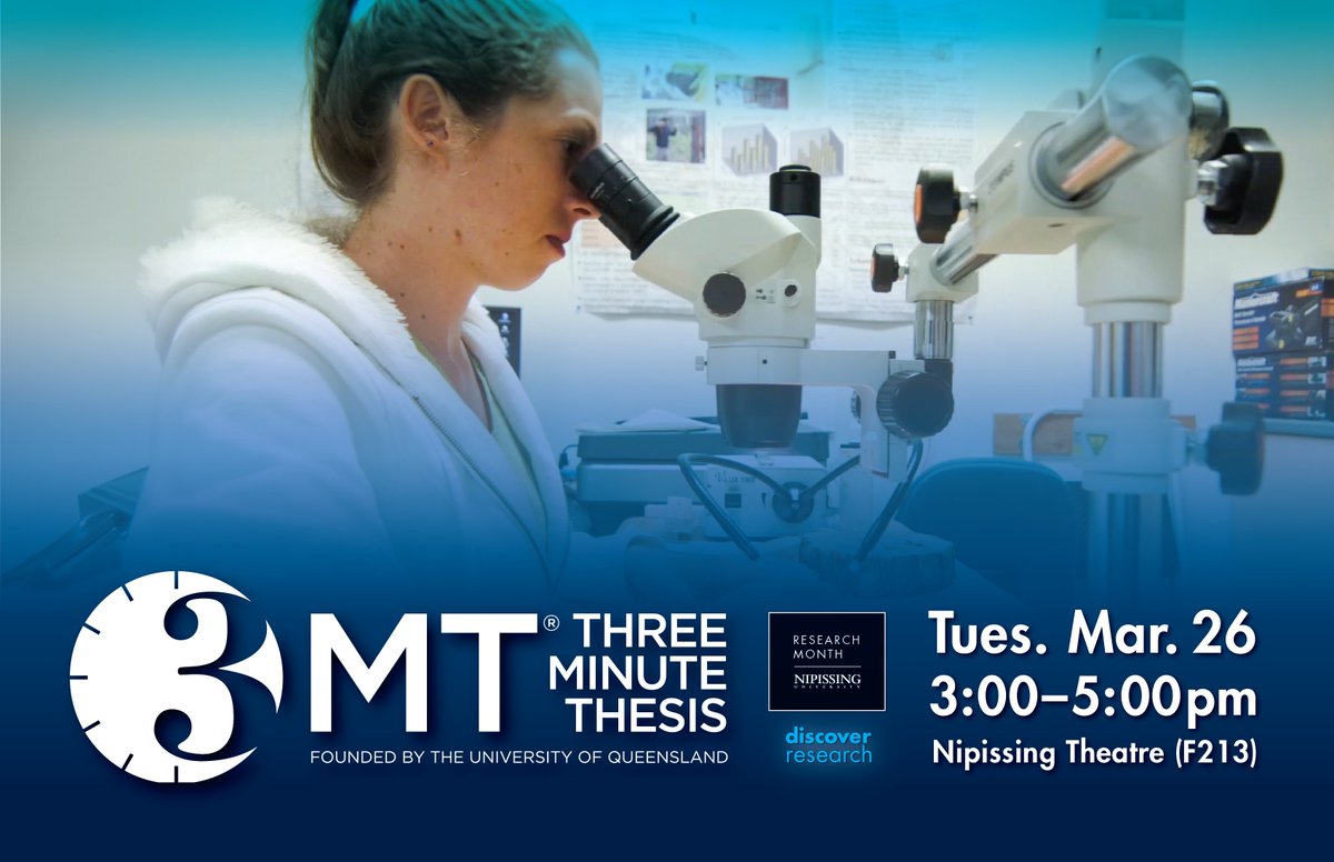 Research Month events continue next week with the Three Minute Thesis (3MT) competition! Join us on Tues. Mar. 26 at 3 p.m. in the NU Theatre as our grad students are challenged to present their research to a panel of judges in under 3 mins. Learn more at: nipissingu.ca/3mt