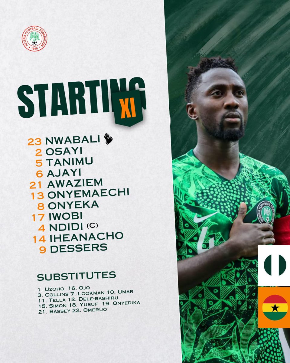 Ghana 🇬🇭 vs Nigeria 🇳🇬  

The starting XI of the two teams 👇

Kickoff is by 5pm

#GHANGA #YourSportsMemo