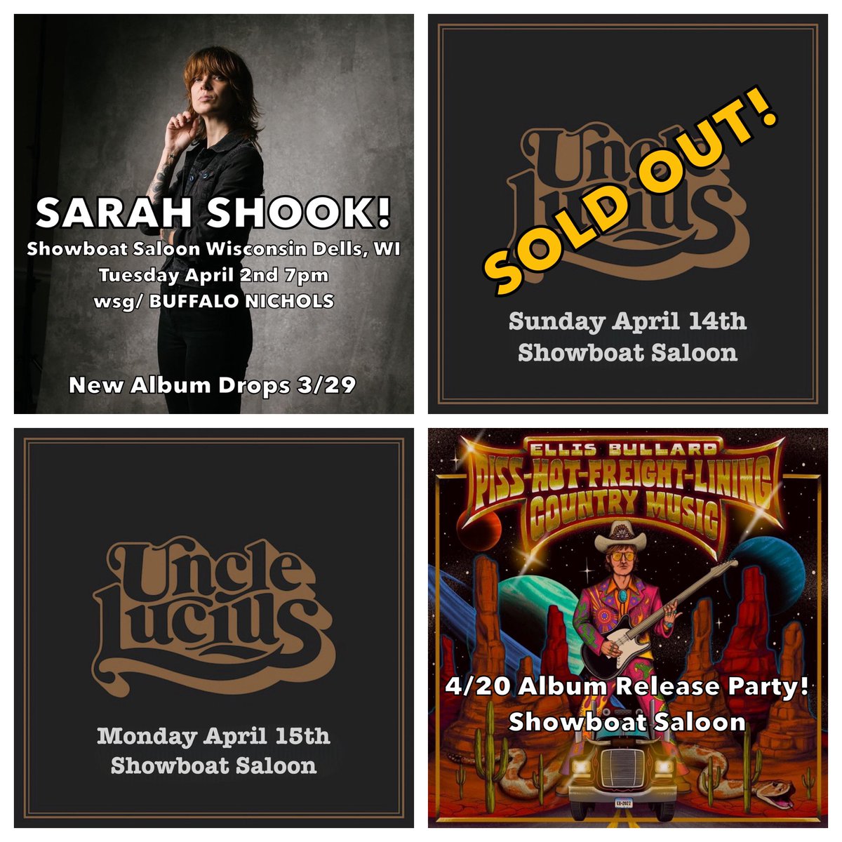 🔥Must See Music With New Albums!🔥 Showboat Saloon Wisconsin Dells, WI Grab Your Tickets & Boogie Down Folks! SARAH SHOOK April 2nd 7pm ⤵️ eventbrite.com/e/773875140377… UNCLE LUCIUS Night #2 April 15th ⤵️ eventbrite.com/e/819285223157… ELLIS BULLARD April 20th ⤵️ eventbrite.com/e/791185044767…