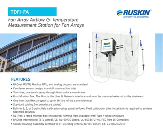 TDFi-FA Fan Array Airflow and Temperature Measurement Station - Electronic Thermal Dispersion Sensing Technology Brochure #IAQ ruskin.com/doc/Id/10170